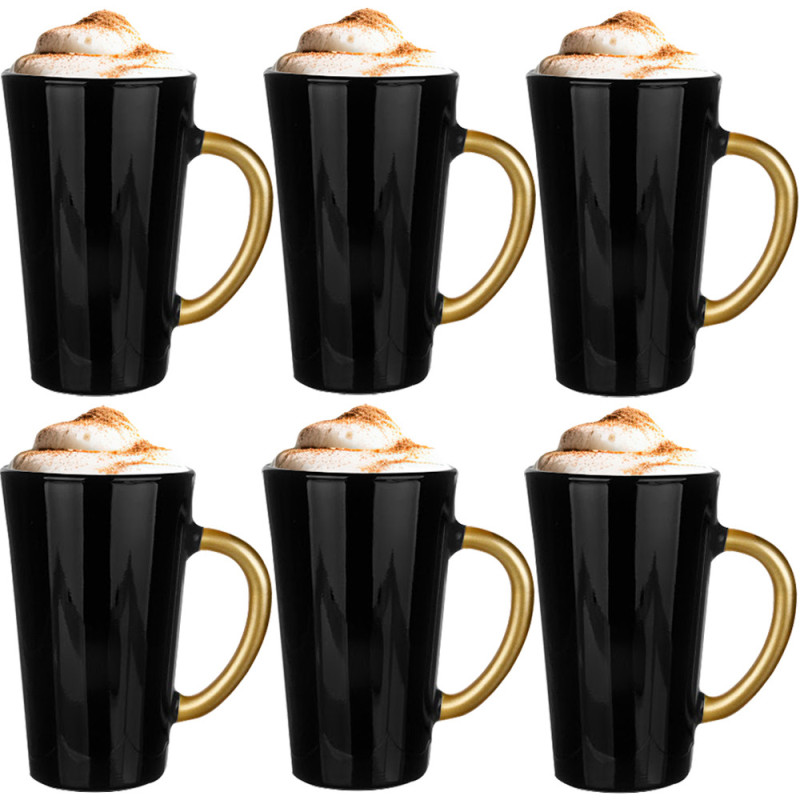 Szklanki czarne ze złotym uchem 300 ml Glasmark Iwo do herbaty kawy latte macchiato komplet 6 sztuk