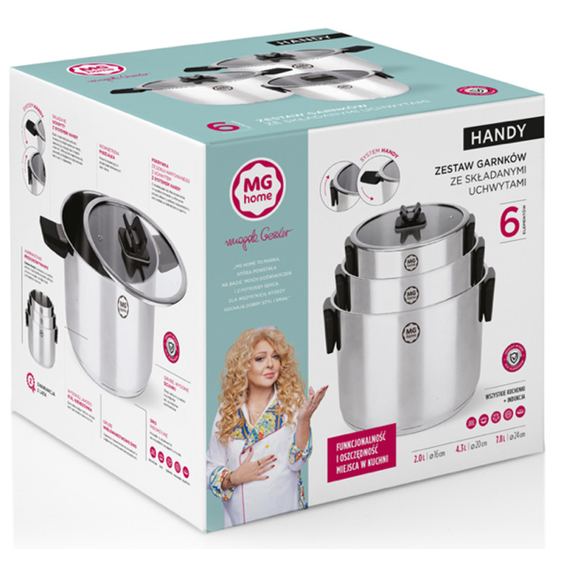 Garnki stalowe MG Home Handy zestaw 3 garnków z pokrywkami składane uchwyty
