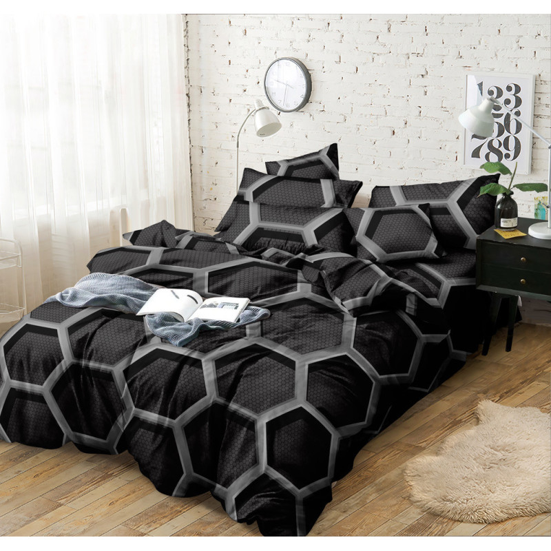 Pościel 160x200 bawełna satynowa Cotton World gruba 3 części 2060 czarne heksy