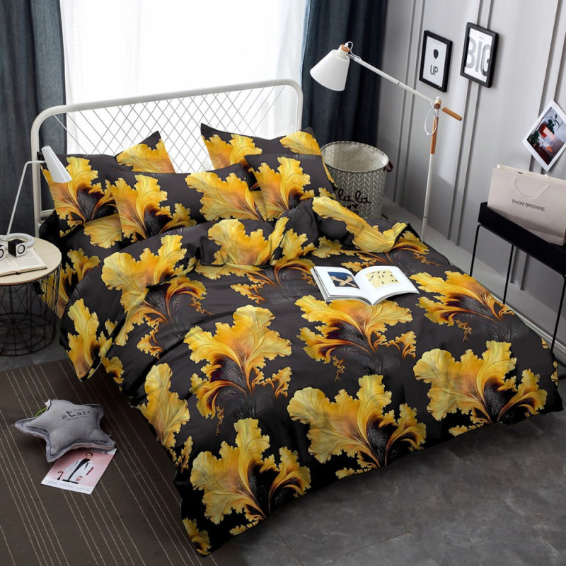 Pościel 160x200 bawełna satynowa Cotton World gruba 3 części 2546 czarna w żółte kwiaty