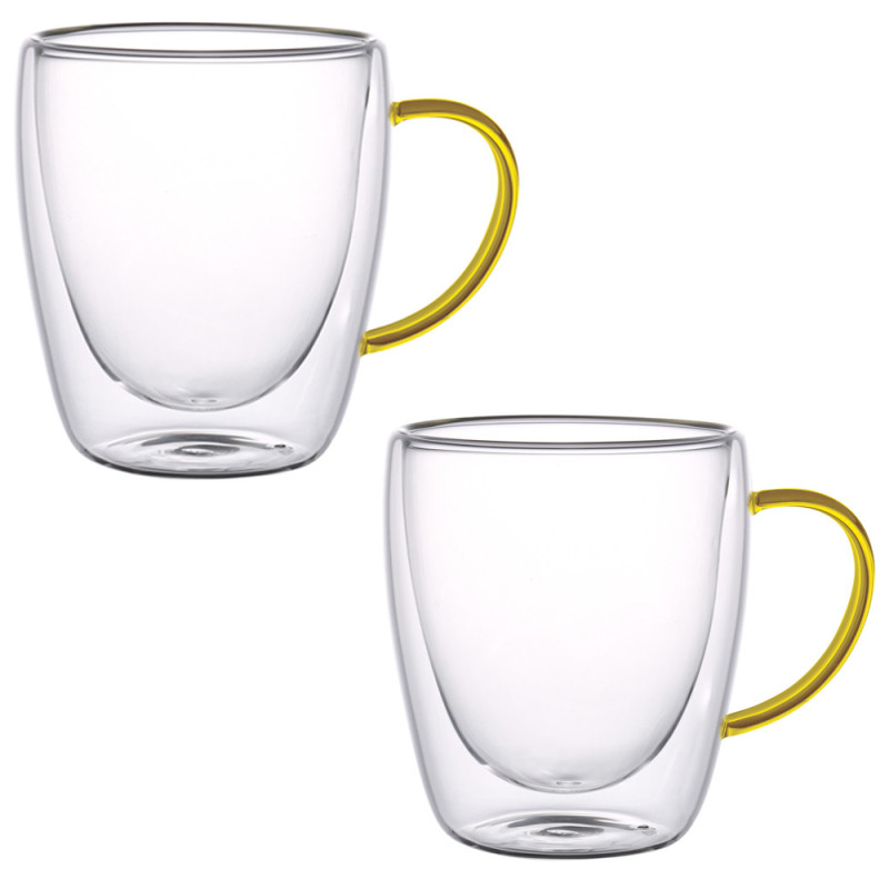 Szklanki termiczne z żółtym uchem Renza 300 ml do kawy latte komplet 2 szt MGHOME