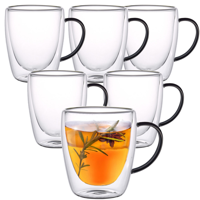 Szklanki termiczne z czarnym uchem zestaw 6 sztuk Renza 300 ml do kawy latte herbarty MG HOME