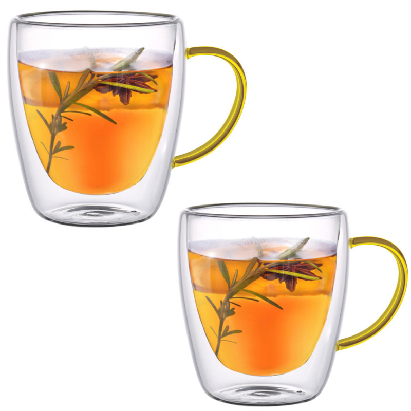 Szklanki termiczne z żółtym uchem zestaw 6 sztuk Renza 300 ml do kawy latte herbaty MGHOME