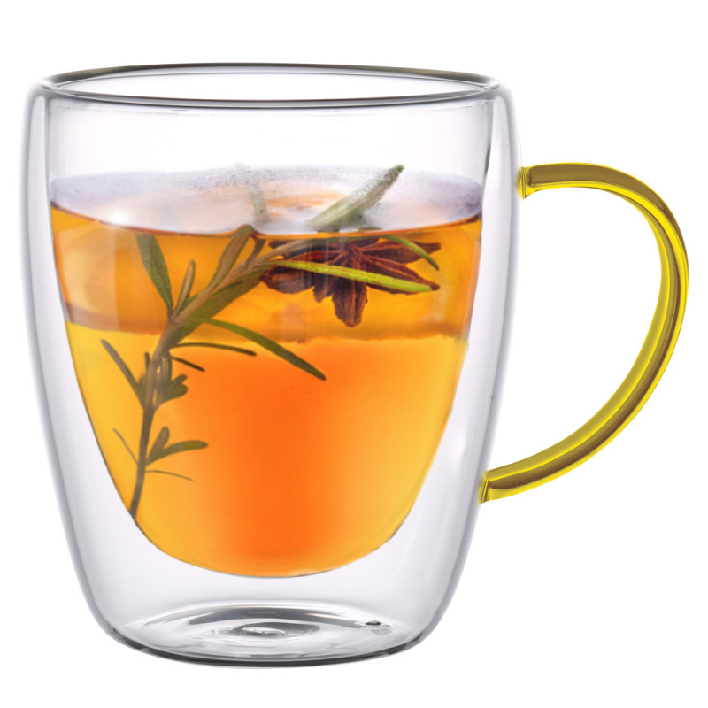 Szklanki termiczne z żółtym uchem zestaw 6 sztuk Renza 300 ml do kawy latte herbaty MGHOME