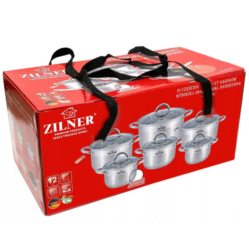 Garnki stalowe  zestaw 6 sztuk 1.2/1.9/2.8/3.7/4.4/6.2L komplet 12 elementowy Zilner ZL 8120 indukcja gaz