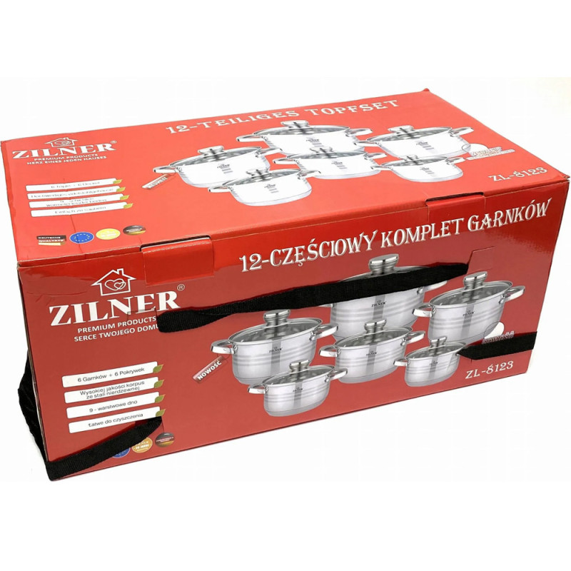 Zestaw garnków stalowych 12 elementowy 2.1/2.9/3.9/5.1/6.6/7.7L komplet z pokrywkami Zilner ZL 8123 indukcja gaz