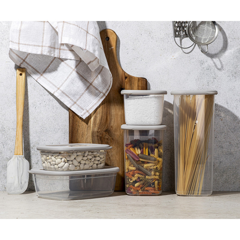 Zestaw 5 pojemników do żywności prostokątny 670/800/1200/1300/2300 ml przezroczysty z szczelną szarą pokrywką Florina Foodie