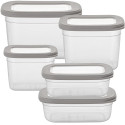 Zestaw 5 pojemników do żywności prostokątny 670/800/1200/1300/2300 ml przezroczysty z szczelną szarą pokrywką Florina Foodie