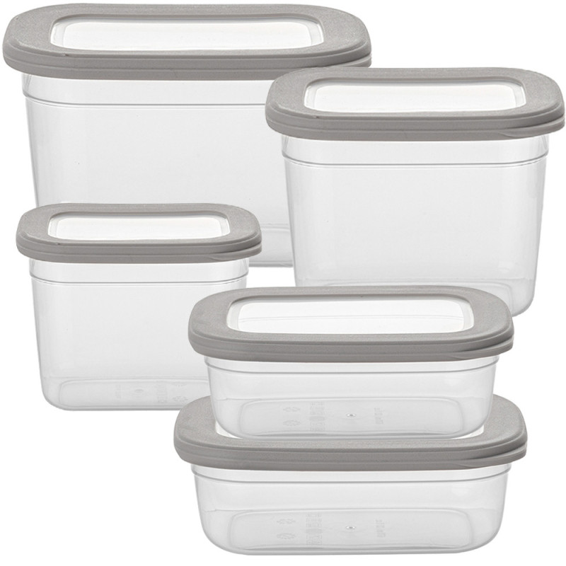 Zestaw 5 pojemników do żywności prostokątny 670/800/1200/1300/2300 ml przezroczysty z szczelną szarą pokrywką Florina Foodie