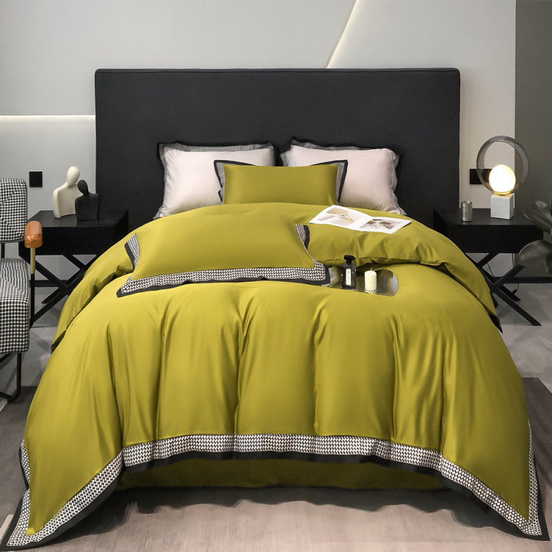 Pościel 200x220 luksusowa z falbanką w kratkę Cotton World gruba 3 części 2674 oliwkowa