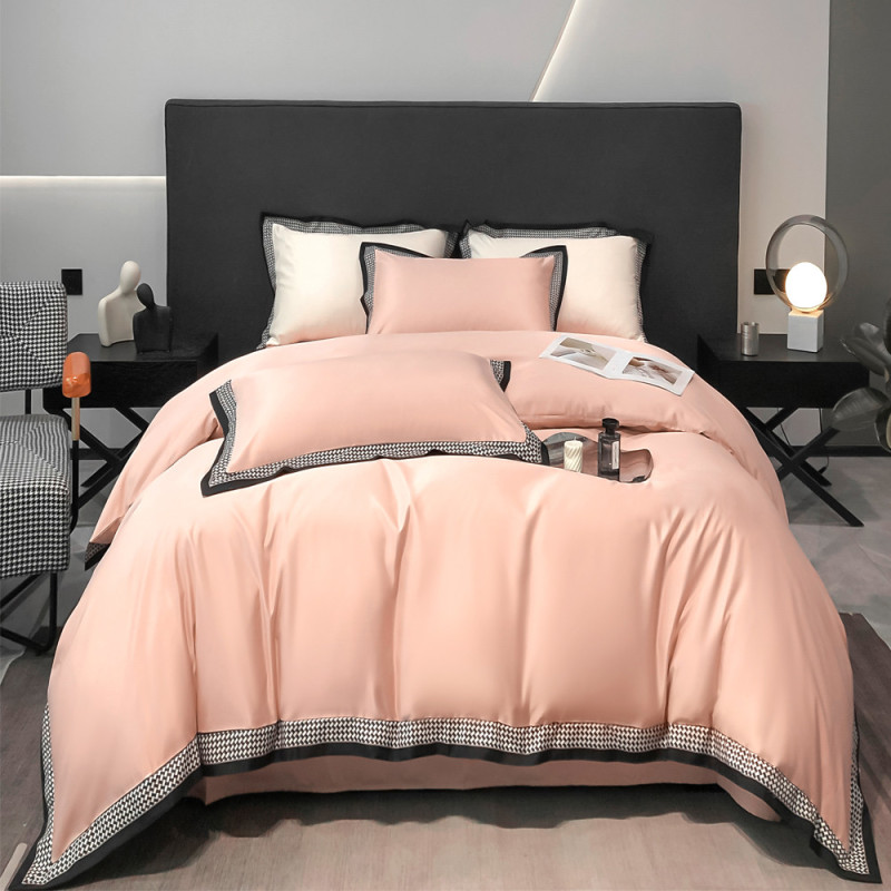Pościel 200x220 luksusowa z falbanką w kratkę Cotton World gruba 3 części 2680 różowa