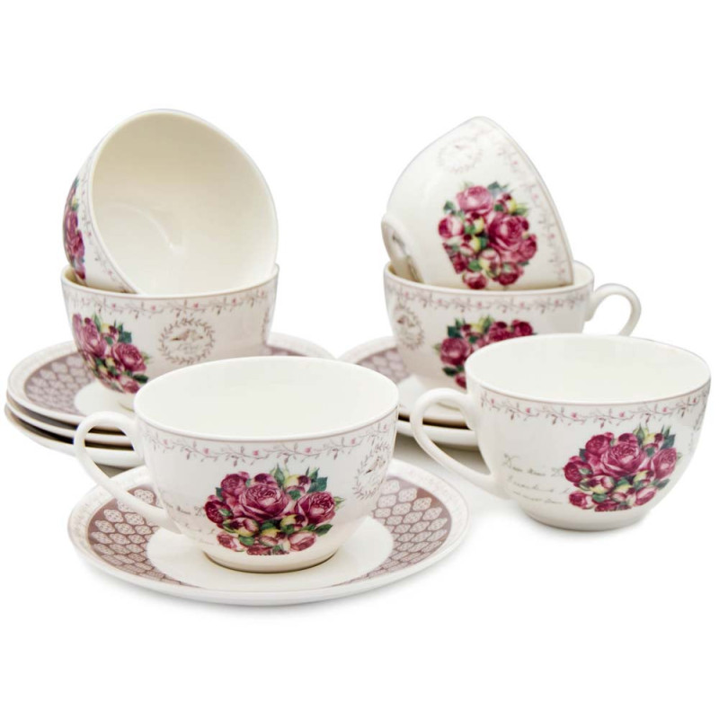Serwis kawowy dla 6 osób Bella Fiore porcelana zestaw filiżanek ze spodkami 6+6 Tragar 40562
