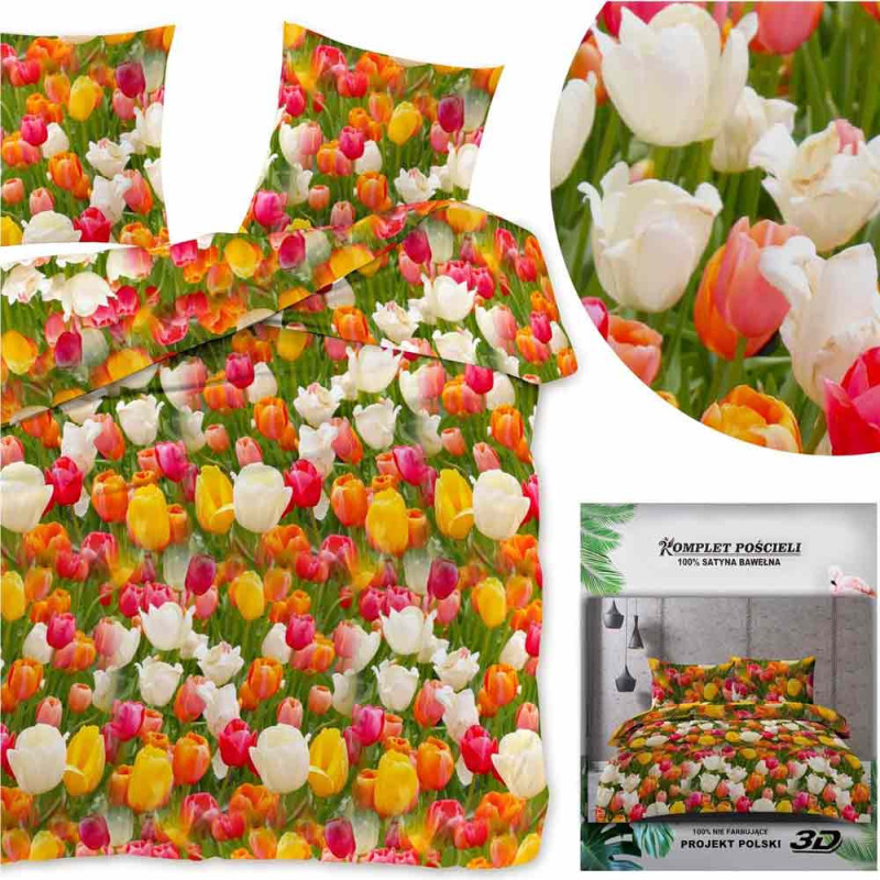 Pościel 160x200 bawełna satynowa 3D Cotton World gruba 3 części 2702 tulipany