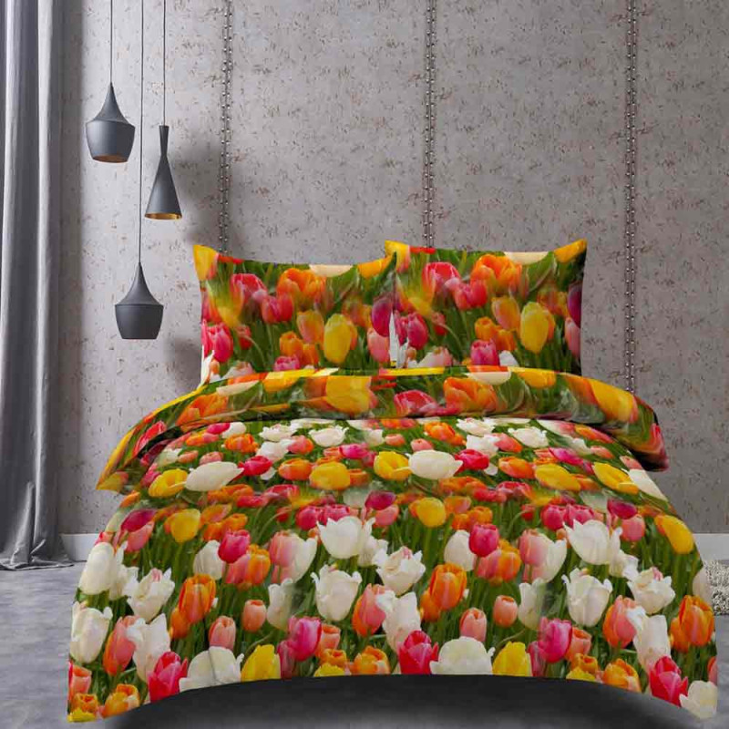 Pościel 160x200 bawełna satynowa 3D Cotton World gruba 3 części 2702 tulipany