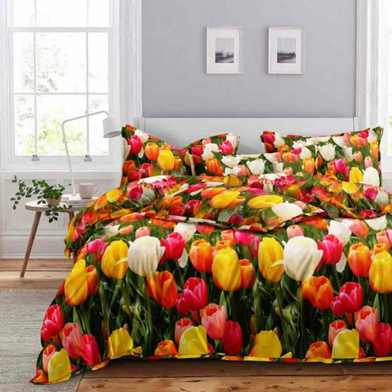 Pościel 160x200 bawełna satynowa 3D Cotton World gruba 3 części 2702 tulipany
