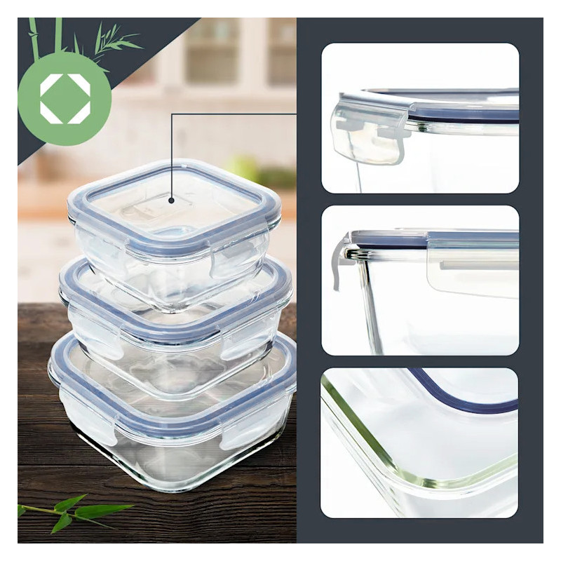 Zestaw 3 pojemników szklanych lunchbox MG Home Cucina 1200/800/300 ml żaroodporne