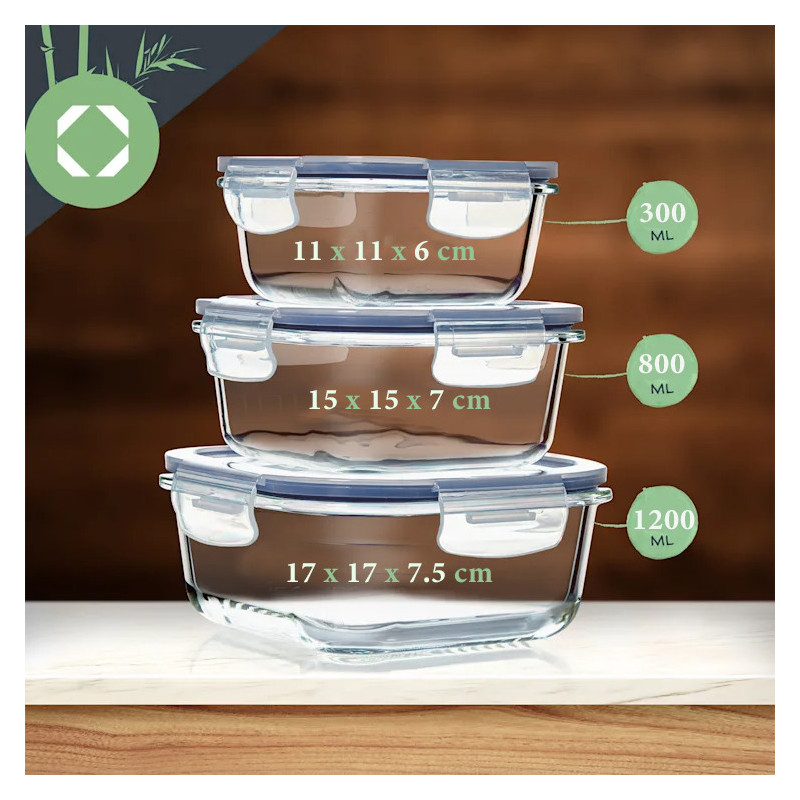 Zestaw 3 pojemników szklanych lunchbox MG Home Cucina 1200/800/300 ml żaroodporne