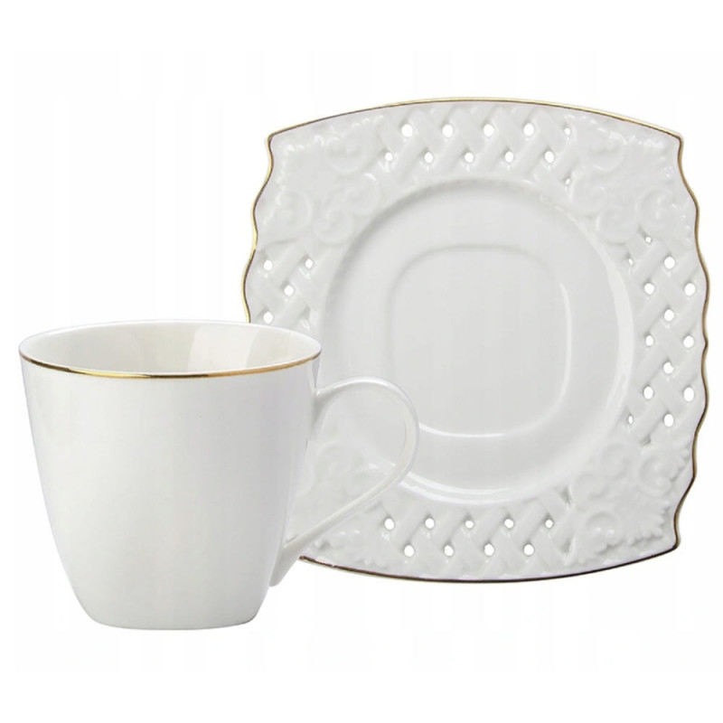 Serwis kawowy dla 6 osób Graffia porcelana zestaw filiżanek ze spodkami 6+6 biały Florina