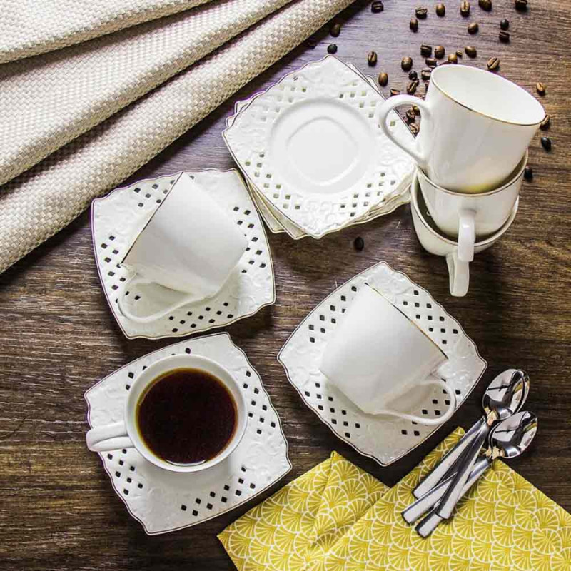 Serwis kawowy dla 6 osób Graffia porcelana zestaw filiżanek ze spodkami 6+6 biały Florina
