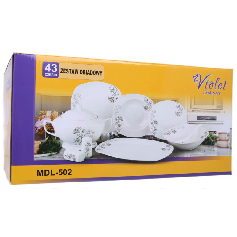 Serwis obiadowy porcelana 43 elementy komplet na 12 osób biały + dodatki Violet VC 229