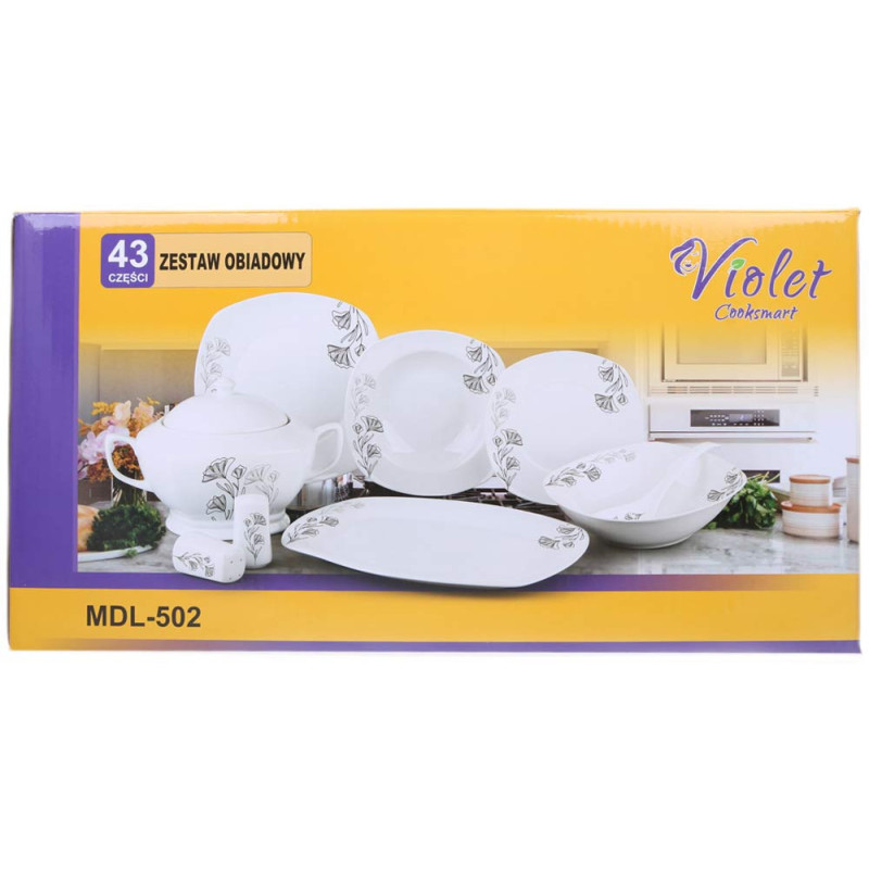 Serwis obiadowy porcelana 43 elementy komplet na 12 osób biały + dodatki Violet VC 229