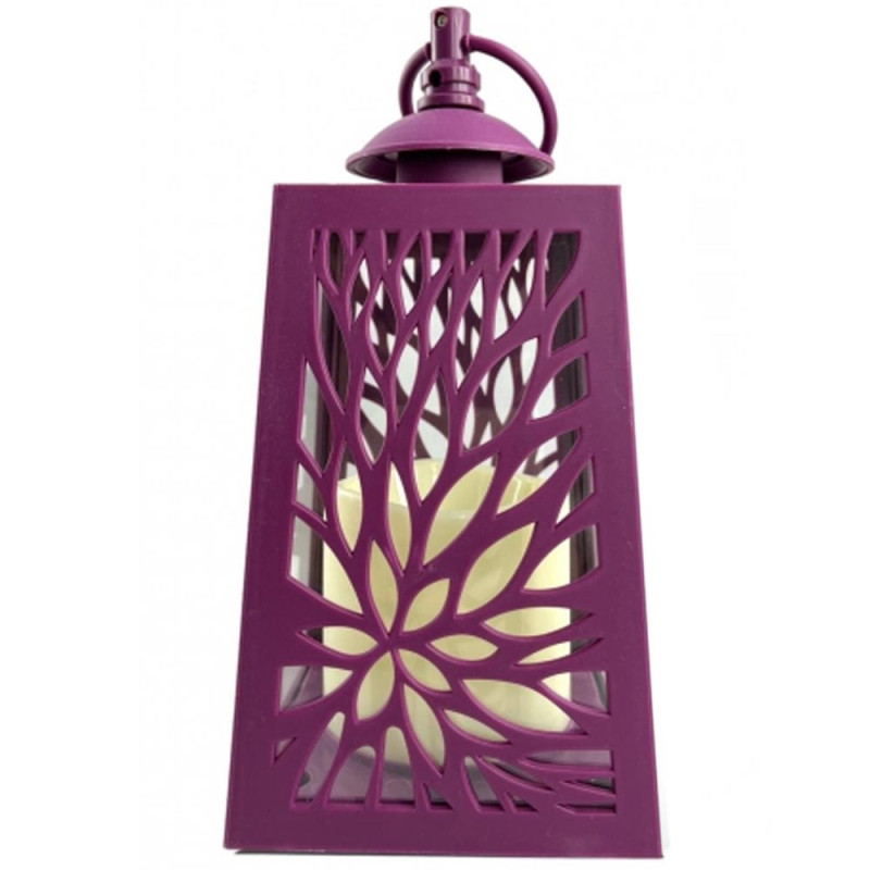 Lampion dekoracyjny fioletowy z przeszklonymi ściankami 10x10x19 cm latarenka ażurowa mała znicz Magenta Purple