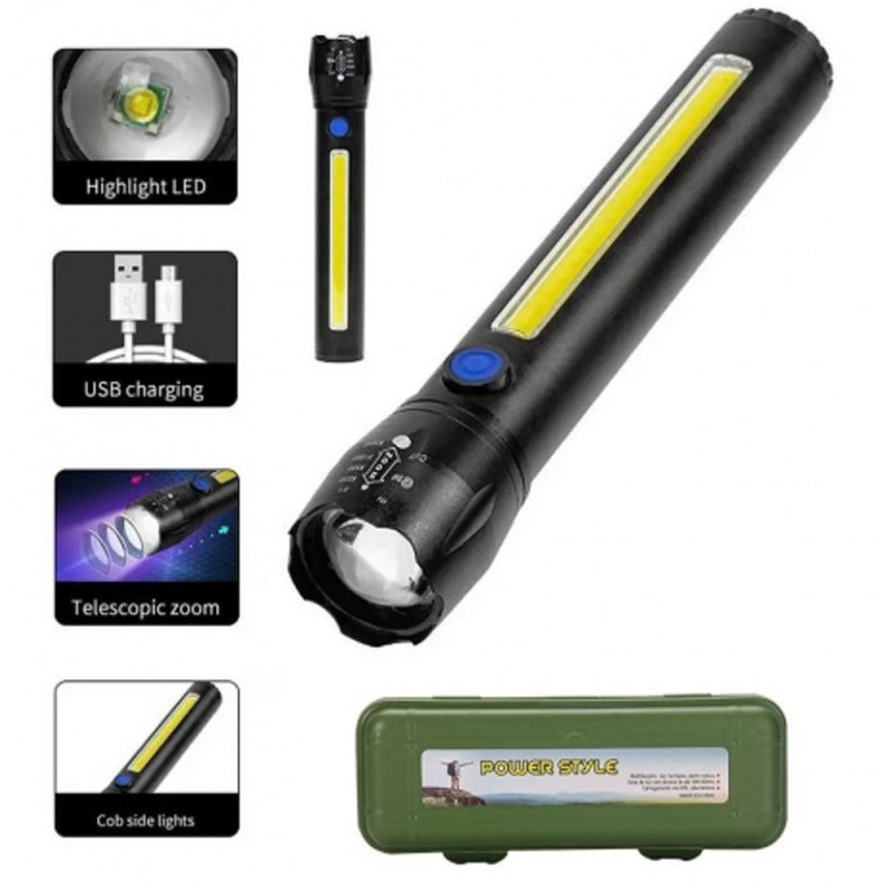 Latarka taktyczna LED ładowanie USB latarka w pudełku A 3611 COB ZOOM T6
