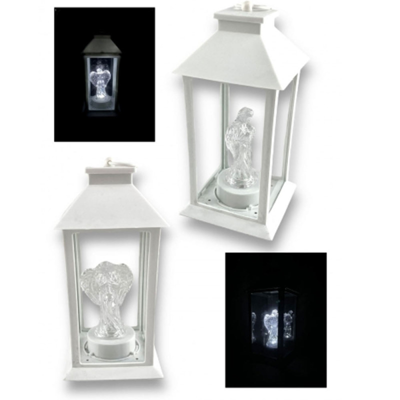 Lampion dekoracyjny z aniołkiem 14x14x32 cm latarenka XL biała znicz Cortina