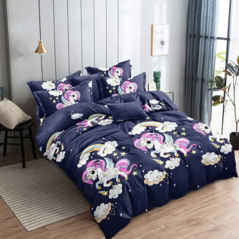 Pościel 160x200 dla dzieci bawełna satynowa 3D Cotton World gruba 3 części 2513 jednorożec granat