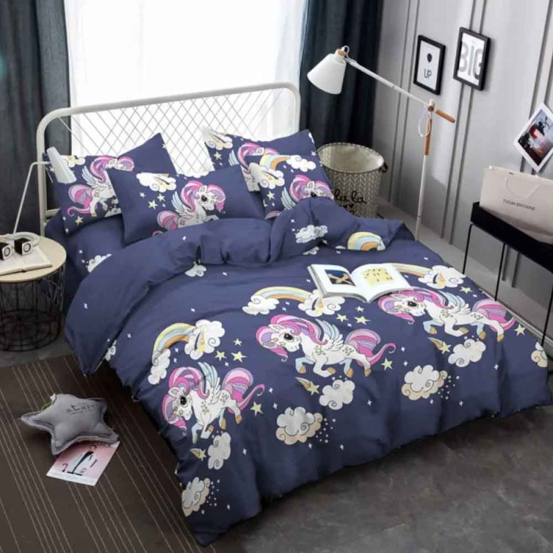 Pościel 160x200 dla dzieci bawełna satynowa 3D Cotton World gruba 3 części 2513 jednorożec granat