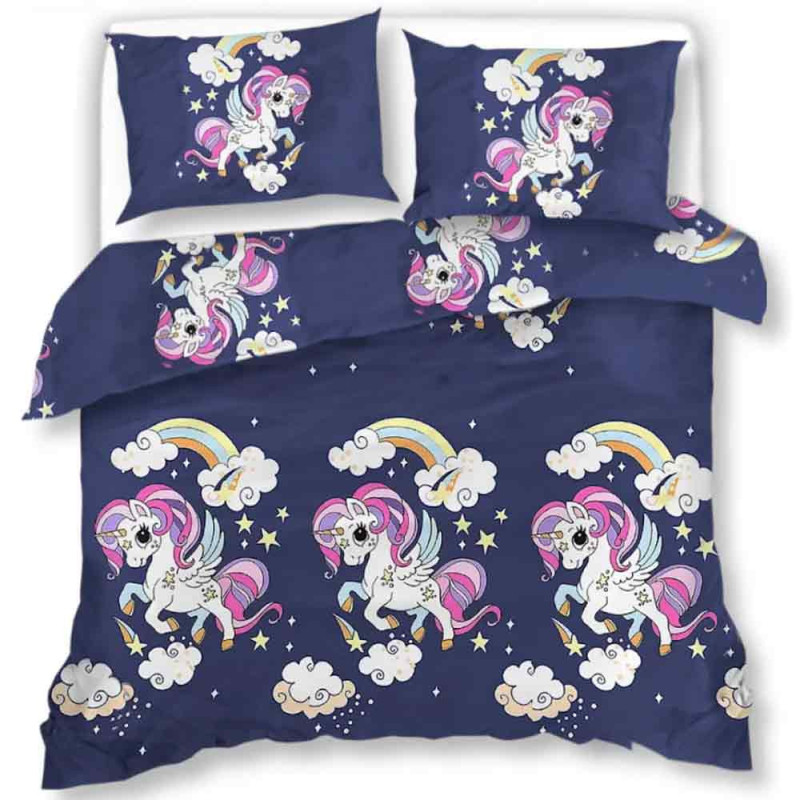 Pościel 160x200 dla dzieci bawełna satynowa 3D Cotton World gruba 3 części 2513 jednorożec granat