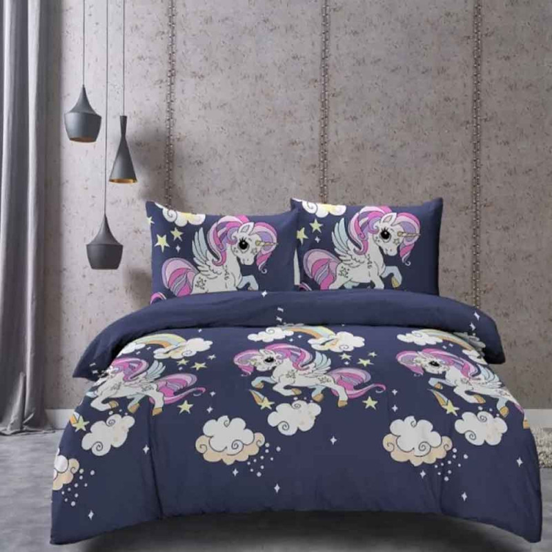 Pościel 160x200 dla dzieci bawełna satynowa 3D Cotton World gruba 3 części 2513 jednorożec granat