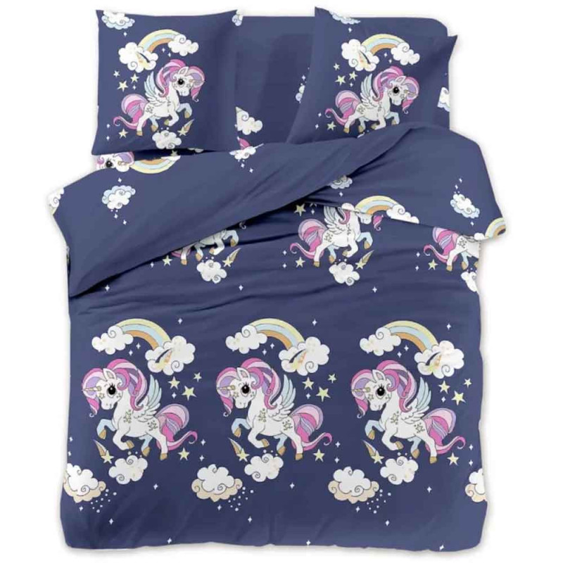 Pościel 160x200 dla dzieci bawełna satynowa 3D Cotton World gruba 3 części 2513 jednorożec granat