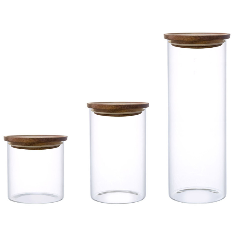 Zestaw 3 szklanych pojemników 600/1000/1600 ml z drewnianą pokrywką komplet MG Home Cucina