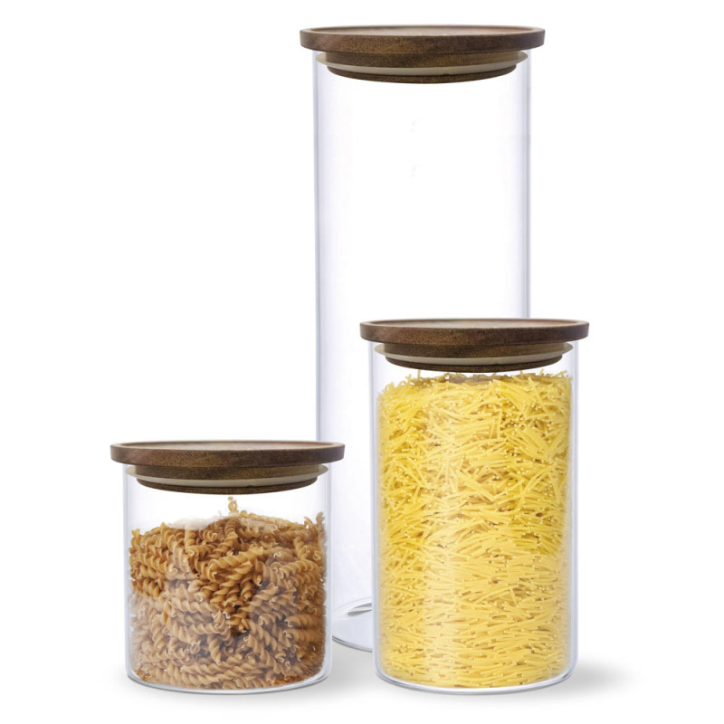 Zestaw 3 szklanych pojemników 600/1000/1600 ml z drewnianą pokrywką komplet MG Home Cucina