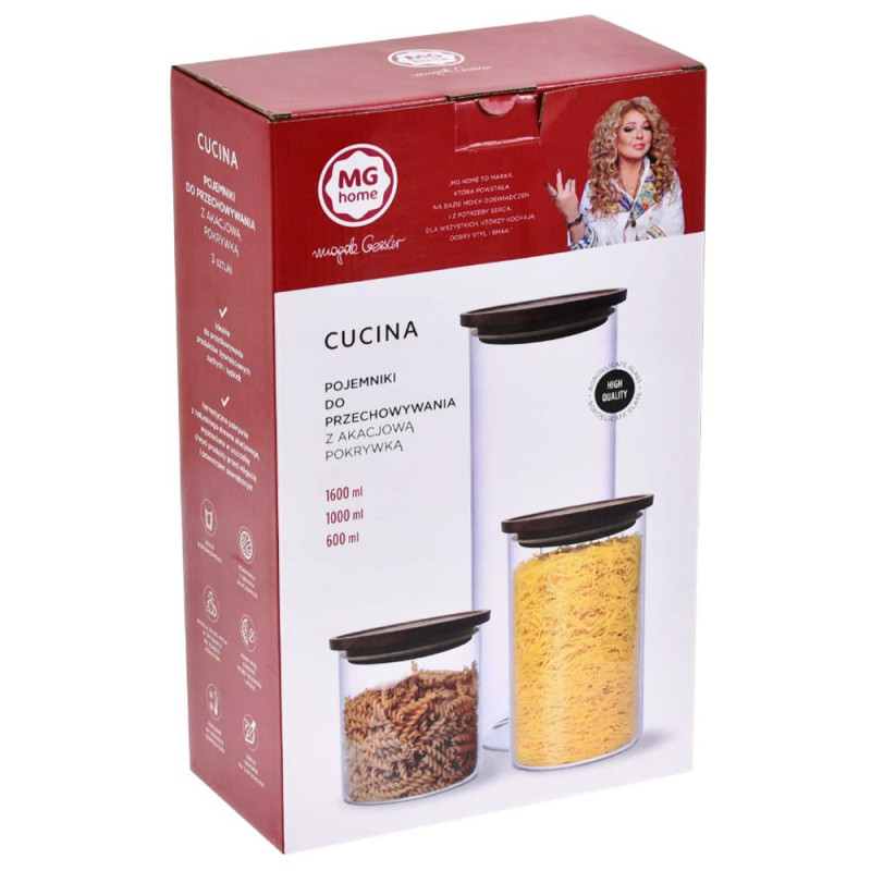 Zestaw 3 szklanych pojemników 600/1000/1600 ml z drewnianą pokrywką komplet MG Home Cucina