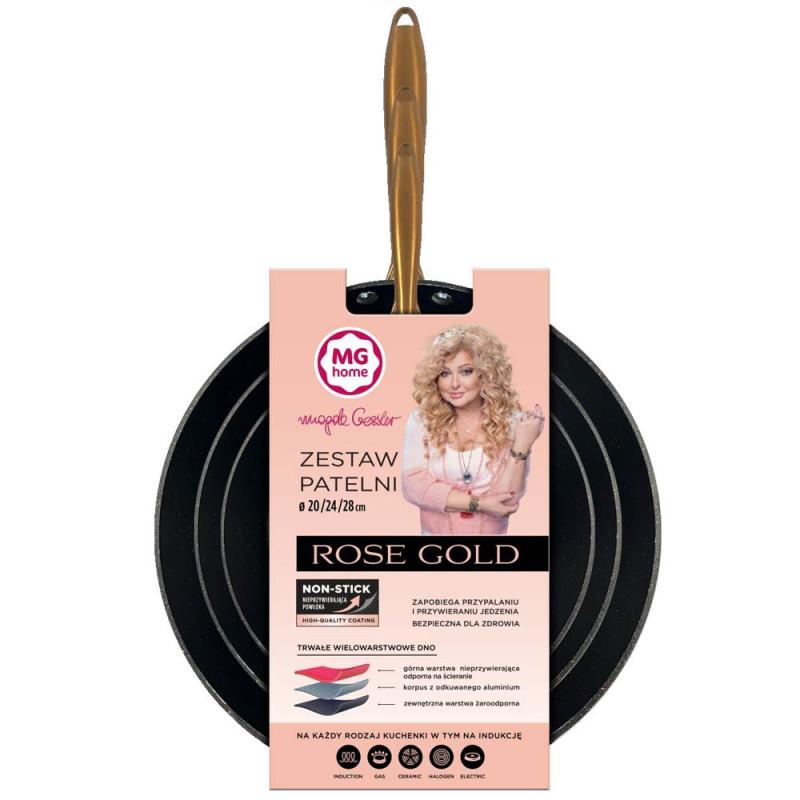 Patelnie aluminowe czarne 20/24/28 cm zestaw 3 sztuk Rose Gold MG Home