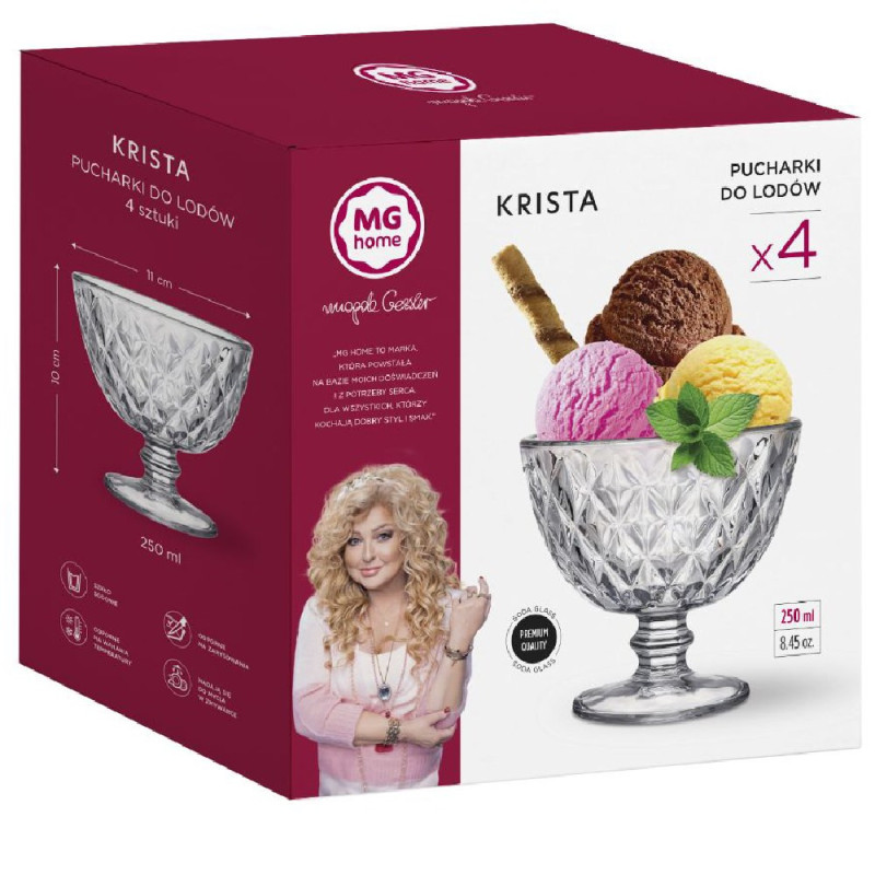 Pucharki do lodów MG Home Krista  250 ml szklane zestaw 4 sztuki