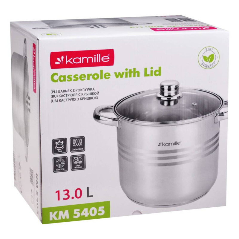 Garnek stalowy 15.5 L z pokrywką 30 cm kociołek nierdzewny Kamille 5406 indukcja gaz