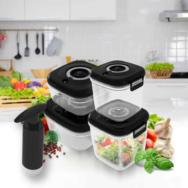 Pojemniki próżniowe na żywność MG Home Clever 650/1350/2500 ml w zestawie z pompką czarne
