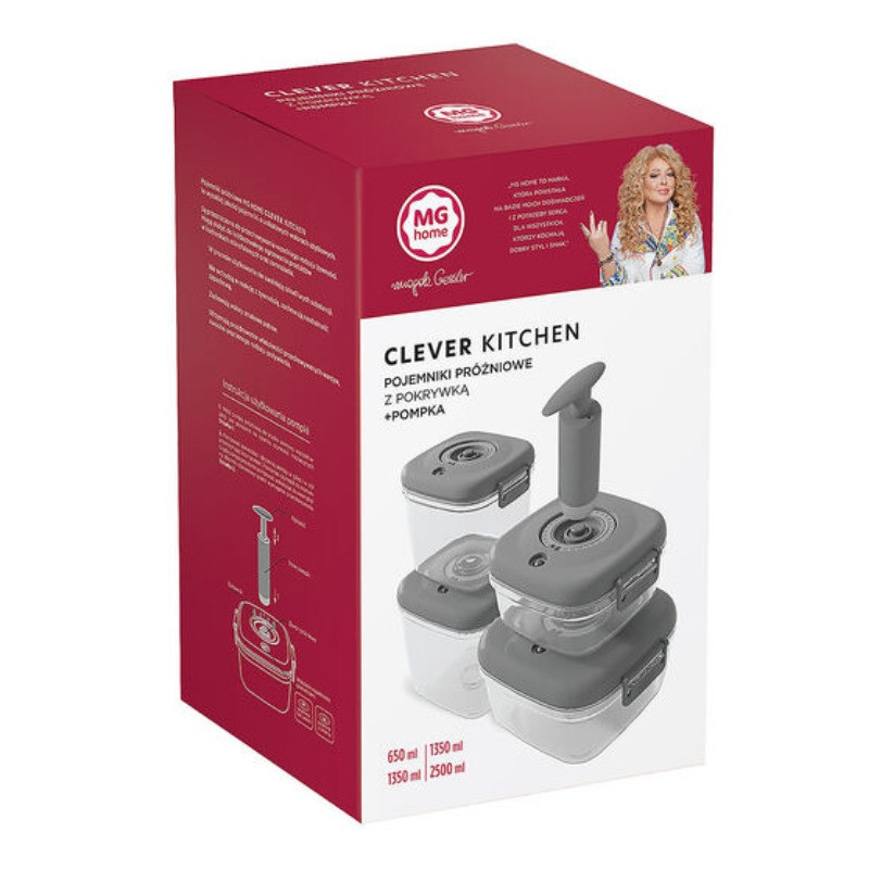 Pojemniki próżniowe na żywność MG Home Clever 650/1350/2500 ml w zestawie z pompką szare