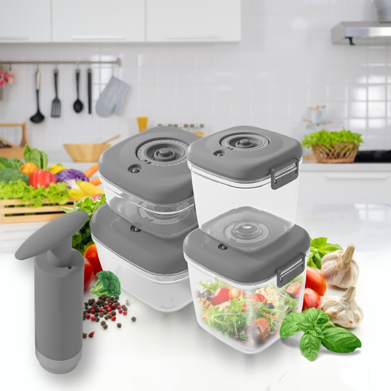 Pojemniki próżniowe na żywność MG Home Clever 650/1350/2500 ml w zestawie z pompką szare