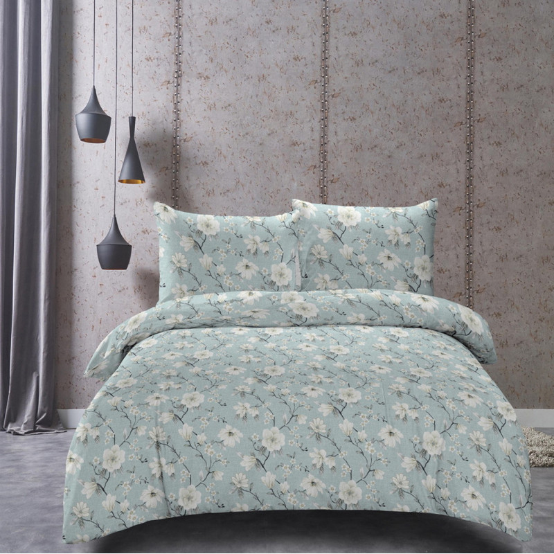 Pościel 140x200 bawełna satynowa Cotton World gruba 2 części 2436 niebieska w białe kwiaty