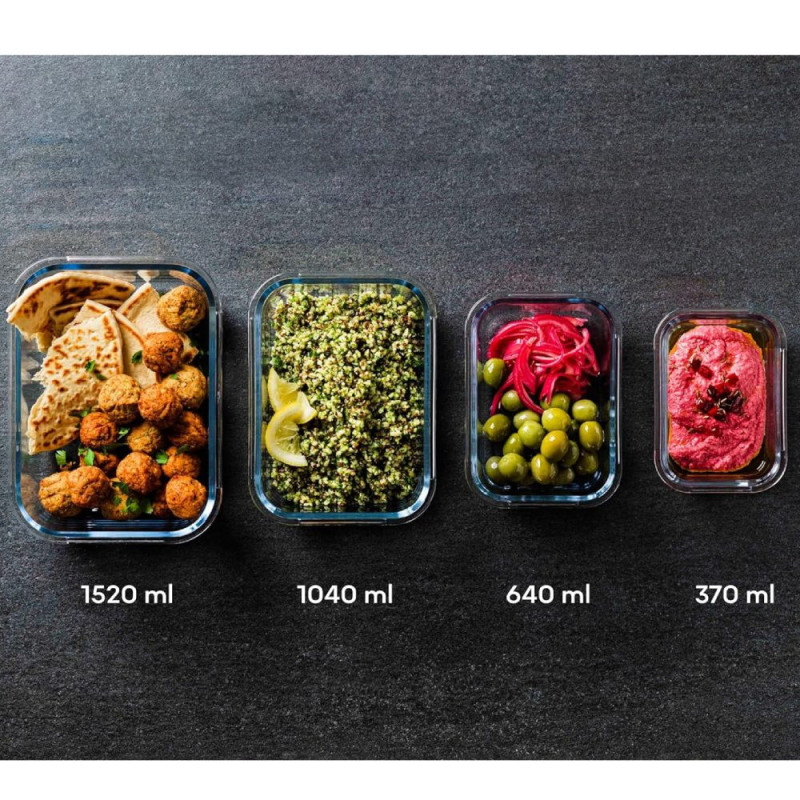 Pojemniki szklane prostokątne lunchbox GierekHoff Corio GH 1103 zestaw 4 sztuki żaroodporne hermetyczne  1520/1050/640/370 ml