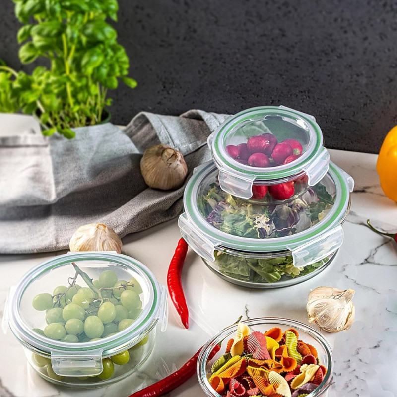 Pojemniki szklane okrągłe lunchbox GierekHoff Corio GH 1101 zestaw 3 sztuki żaroodporne hermetyczne  1200/950/400 ml
