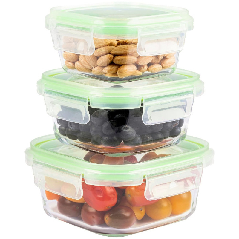 Pojemniki szklane kwadratowe lunchbox GierekHoff Corio GH 1102 zestaw 3 sztuki żaroodporne hermetyczne  1200/800/320 ml