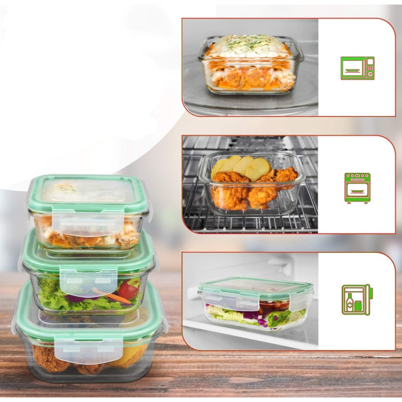 Pojemniki szklane kwadratowe lunchbox GierekHoff Corio GH 1102 zestaw 3 sztuki żaroodporne hermetyczne  1200/800/320 ml
