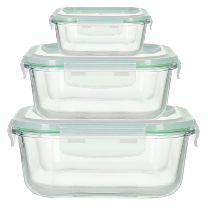 Pojemniki szklane kwadratowe lunchbox GierekHoff Corio GH 1102 zestaw 3 sztuki żaroodporne hermetyczne  1200/800/320 ml
