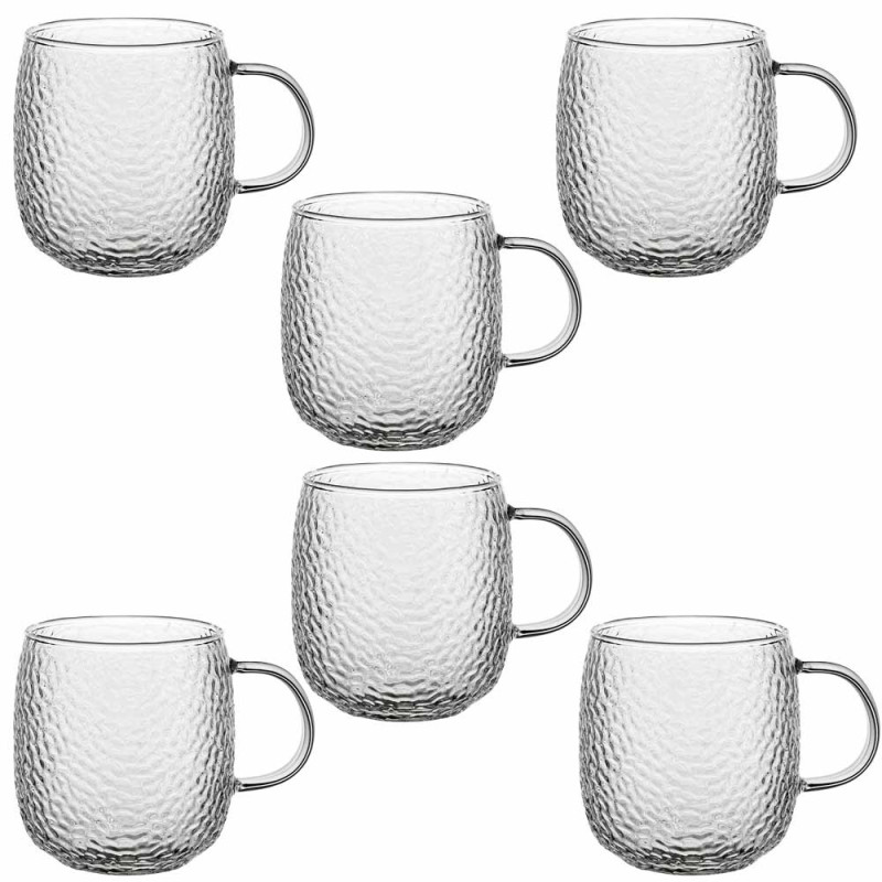 Szklanki z uchem 380 ml Florina Savia efekt młotkowania do kawy latte komplet kuków szklanych 6 sztuk