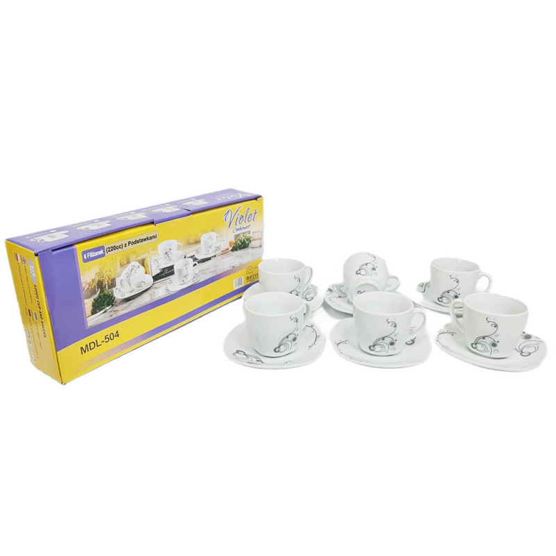 Serwis kawowy na 6 osób ceramiczny biały zestaw 12 el filiżanki 220 ml i spodki Violet VC431F